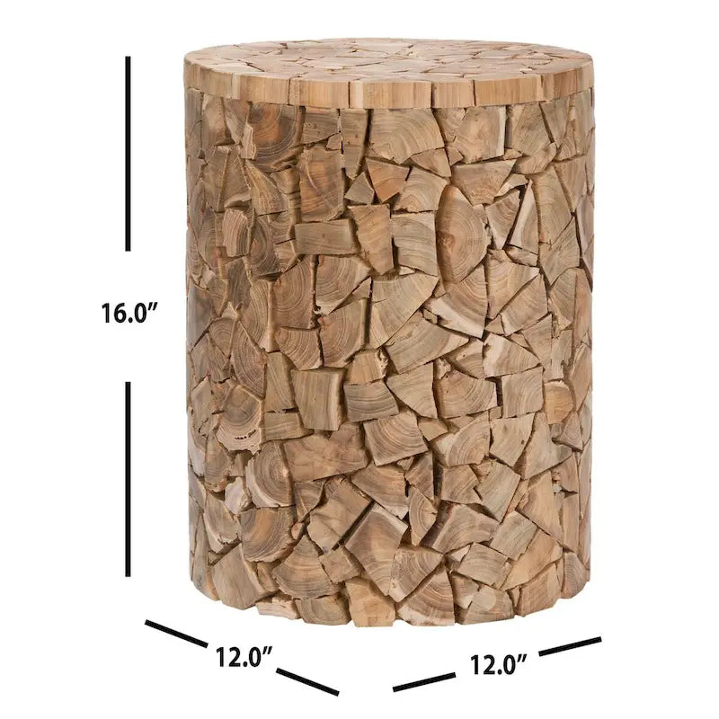 Tabouret rond en bois de teck recyclé avec texture organique en 3D – 30,5 cm (L) × 40,6 cm (H), finition chêne moyen