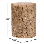 Tabouret rond en bois de teck recyclé avec texture organique en 3D – 30,5 cm (L) × 40,6 cm (H), finition chêne moyen