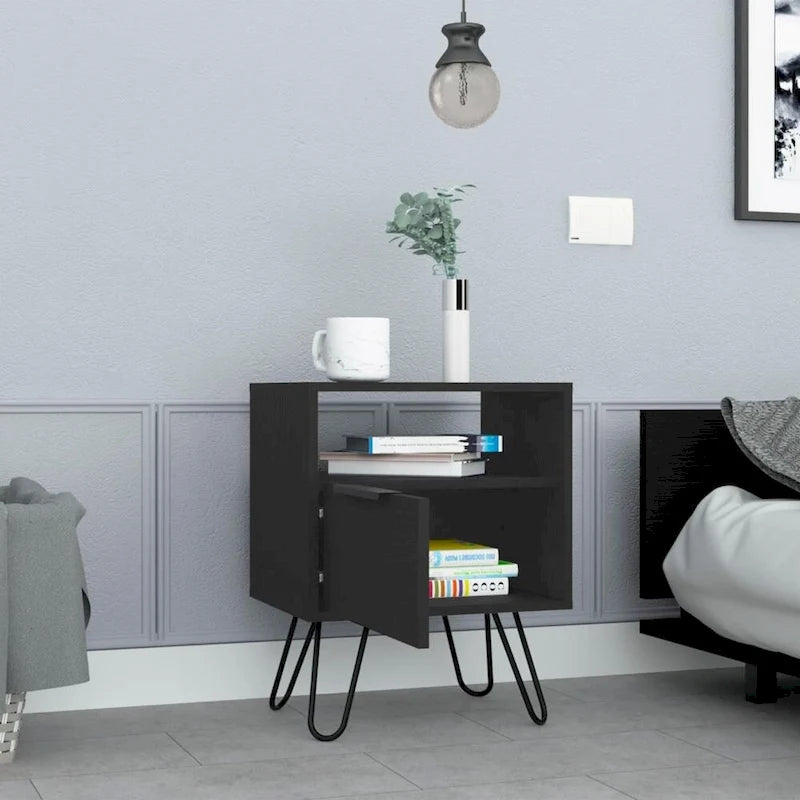 Table de chevet 22H, une étagère ouverte, une armoire à une porte, pieds épingles, noire