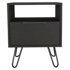 Table de chevet 22H, une étagère ouverte, une armoire à une porte, pieds épingles, noire
