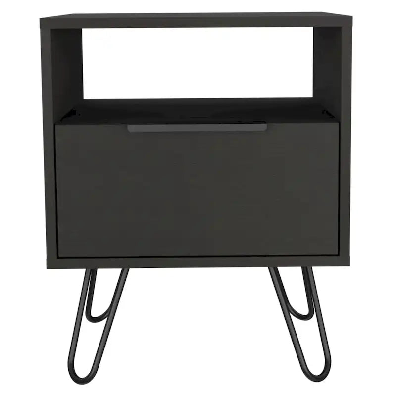 Table de chevet 22H, une étagère ouverte, une armoire à une porte, pieds épingles, noire