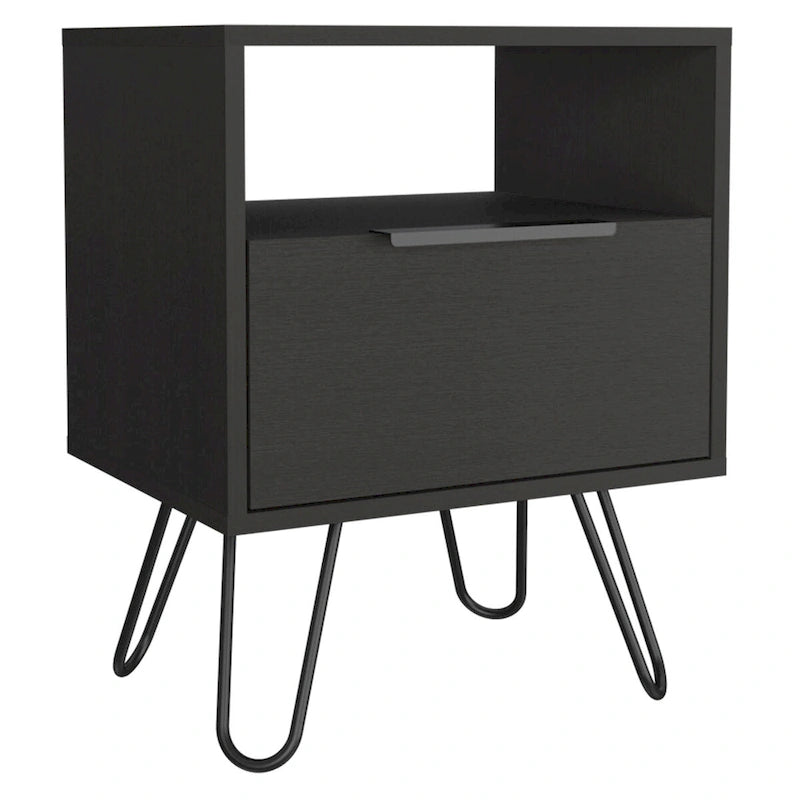 Table de chevet 22H, une étagère ouverte, une armoire à une porte, pieds épingles, noire