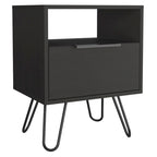 Table de chevet 22H, une étagère ouverte, une armoire à une porte, pieds épingles, noire
