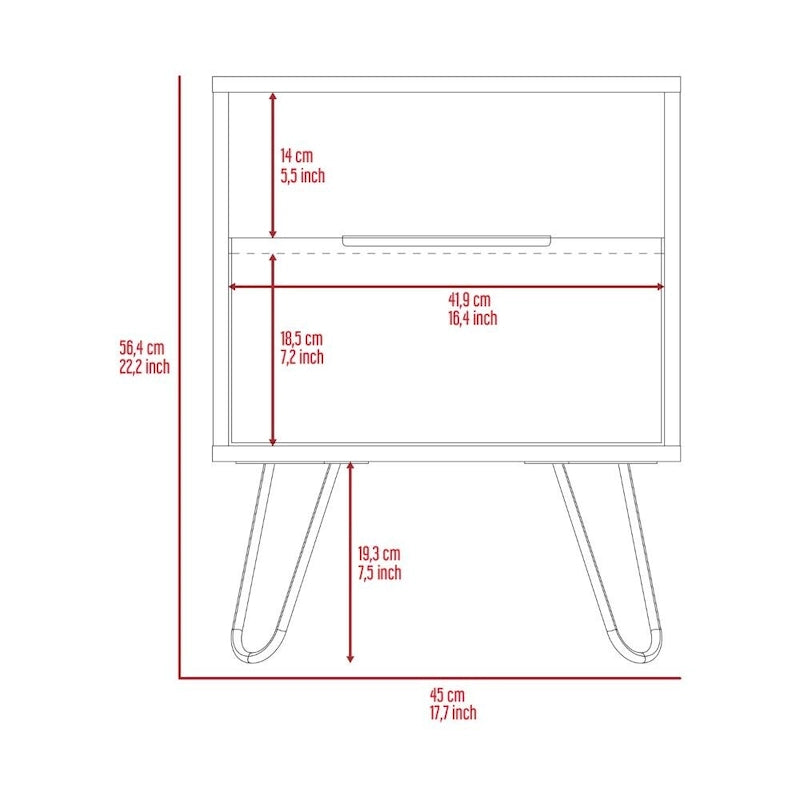 Table de chevet 22H, une étagère ouverte, une armoire à une porte, pieds épingles, noire