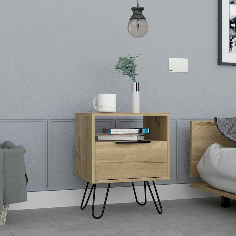 Table de chevet 22H, une étagère ouverte, une armoire à une porte, pieds épingles, noire