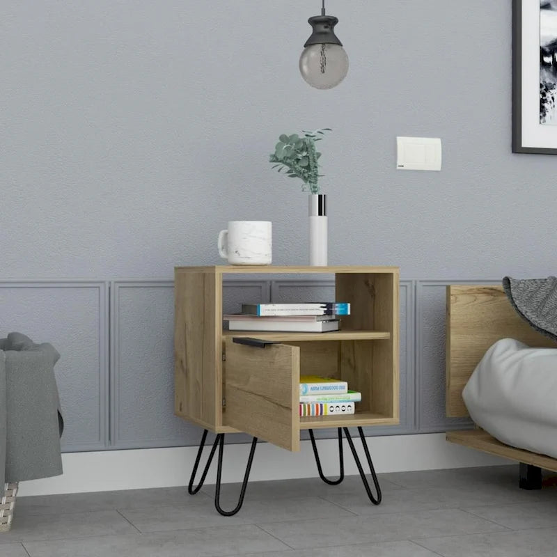 Table de chevet 22H, une étagère ouverte, une armoire à une porte, pieds épingles, noire