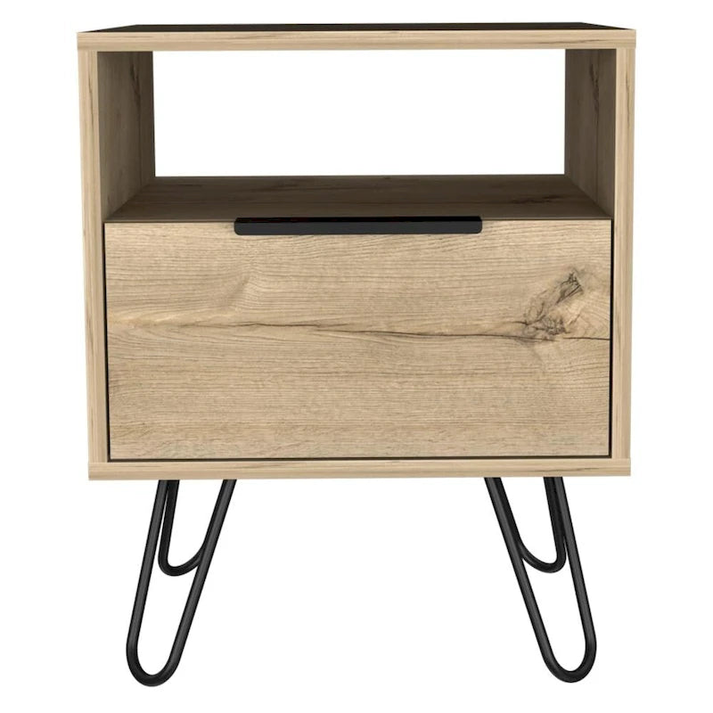 Table de chevet 22H, une étagère ouverte, une armoire à une porte, pieds épingles, noire