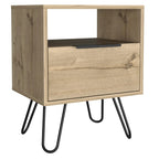 Table de chevet 22H, une étagère ouverte, une armoire à une porte, pieds épingles, noire