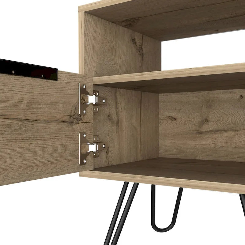 Table de chevet 22H, une étagère ouverte, une armoire à une porte, pieds épingles, noire