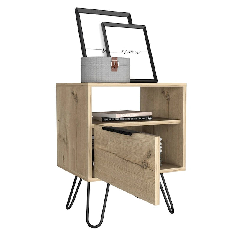 Table de chevet 22H, une étagère ouverte, une armoire à une porte, pieds épingles, noire
