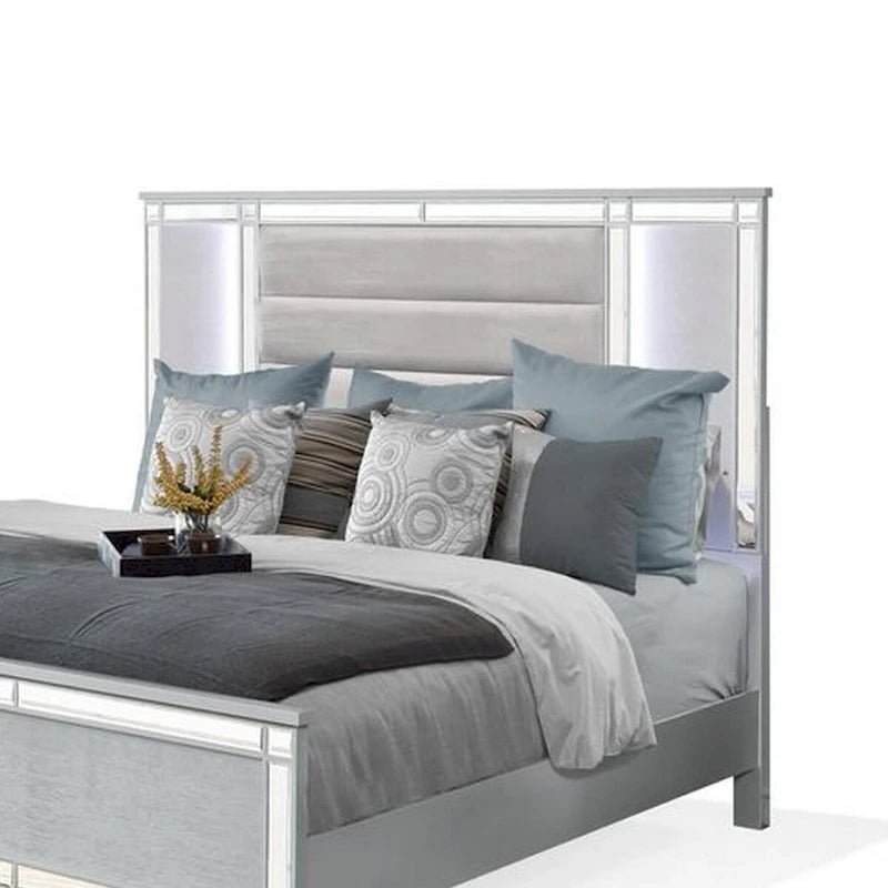 Lit double Lio Modern, LED, garniture miroir, revêtement en velours capitonné argenté