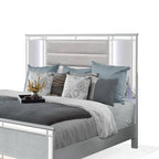 Lit double Lio Modern, LED, garniture miroir, revêtement en velours capitonné argenté