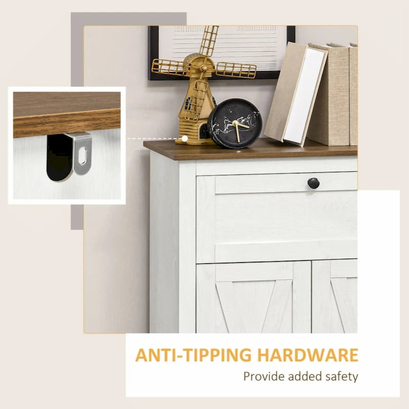Meuble d'appoint de style ferme avec portes de grange, buffet de cuisine avec double portes, tiroir, blanc