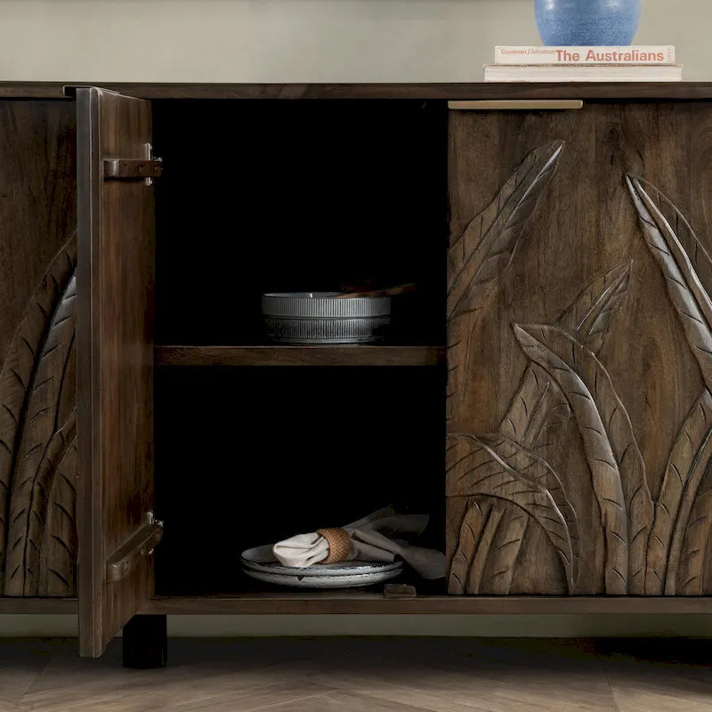 Buffet en manguier massif sculpté à la main de 208 cm avec finition blanchie