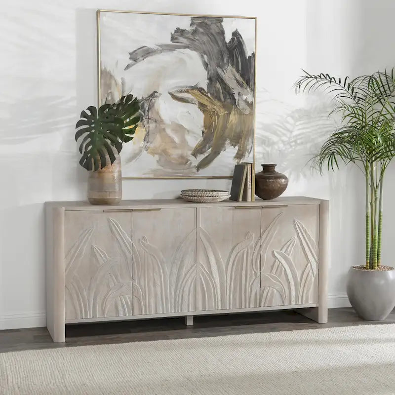 Buffet en manguier massif sculpté à la main de 208 cm avec finition blanchie