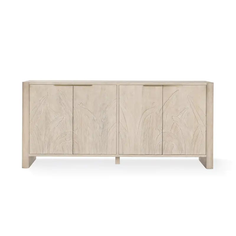 Buffet en manguier massif sculpté à la main de 208 cm avec finition blanchie