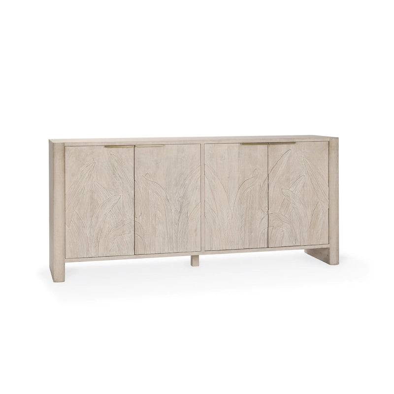 Buffet en manguier massif sculpté à la main de 208 cm avec finition blanchie