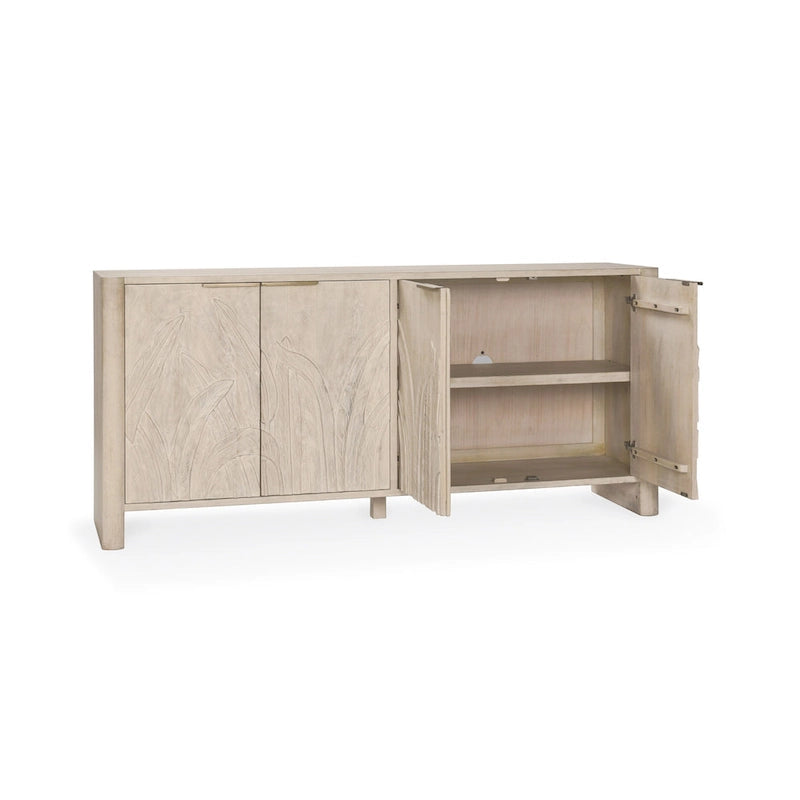 Buffet en manguier massif sculpté à la main de 208 cm avec finition blanchie