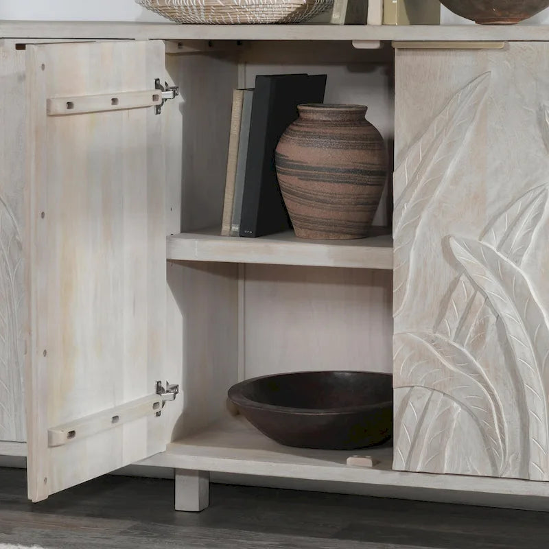 Buffet en manguier massif sculpté à la main de 208 cm avec finition blanchie