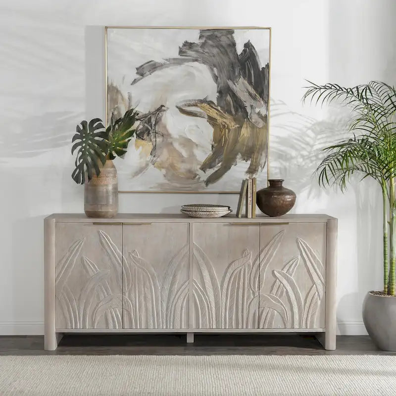 Buffet en manguier massif sculpté à la main de 208 cm avec finition blanchie
