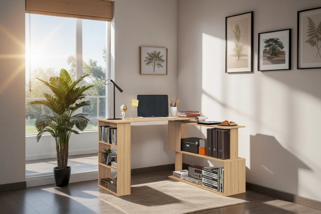 L Shaped Corner Desk,360 Degree Rotating Home Office Desk w/Shelves
