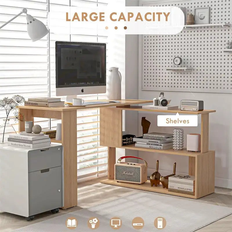 Bureau d'angle en L, bureau à domicile rotatif à 360° avec étagères