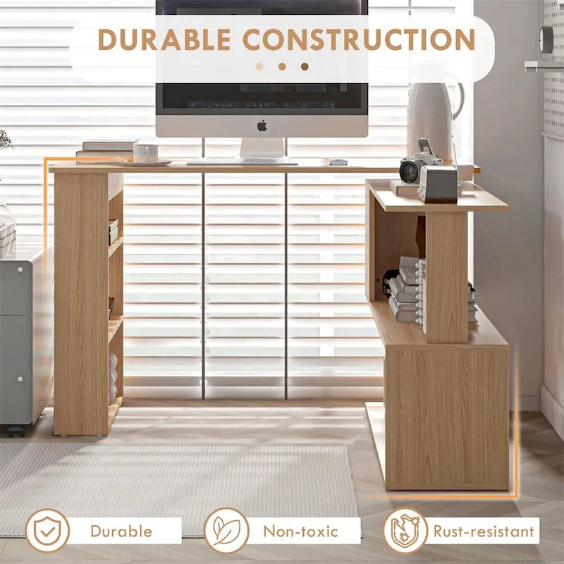Bureau d'angle en L, bureau à domicile rotatif à 360° avec étagères