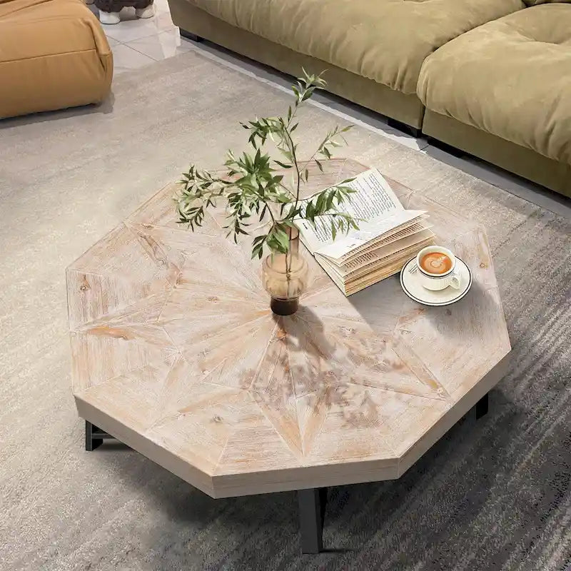 Table basse octogonale vintage en bois avec patchwork, 76 cm