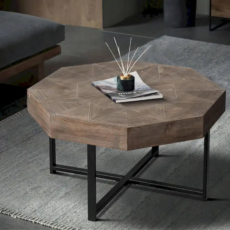 Table basse octogonale vintage en bois avec patchwork, 76 cm