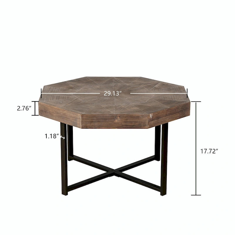 Table basse octogonale vintage en bois avec patchwork, 76 cm
