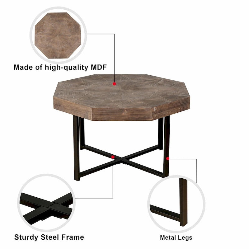 Table basse octogonale vintage en bois avec patchwork, 76 cm