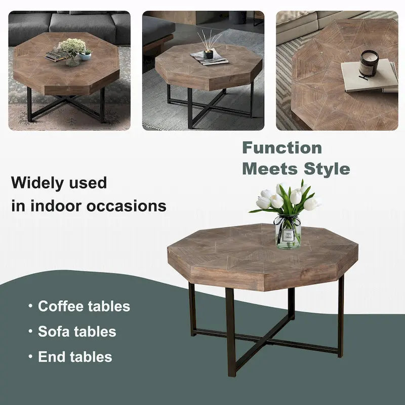 Table basse octogonale vintage en bois avec patchwork, 76 cm