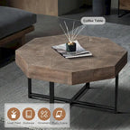Table basse octogonale vintage en bois avec patchwork, 76 cm
