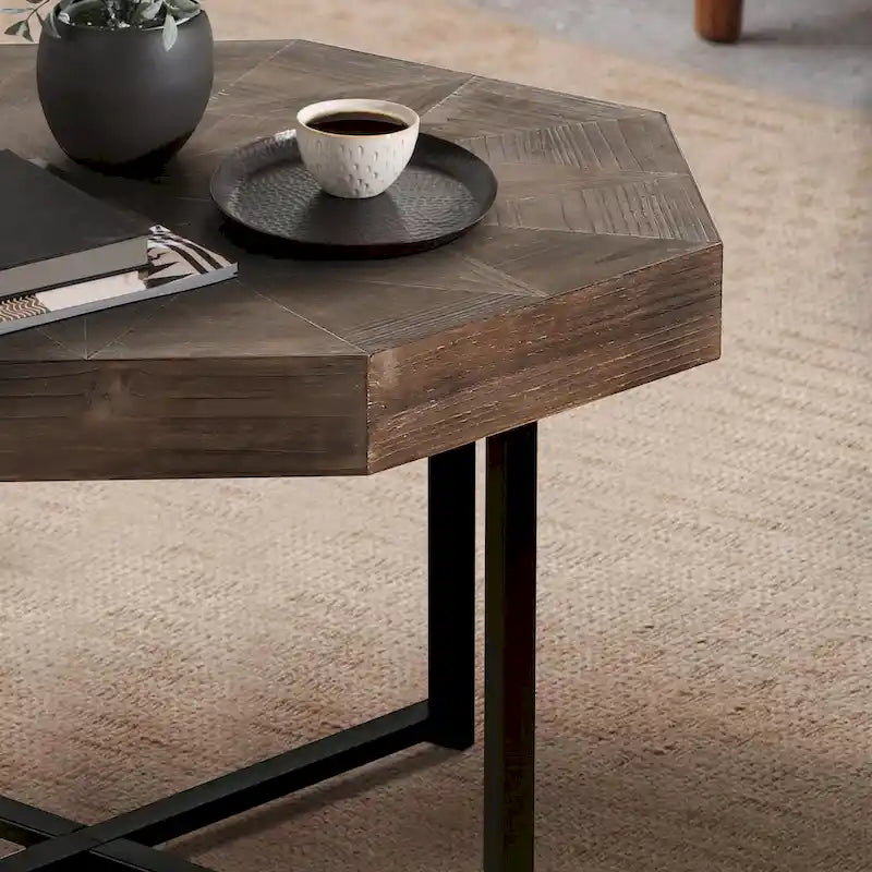 Table basse octogonale vintage en bois avec patchwork, 76 cm