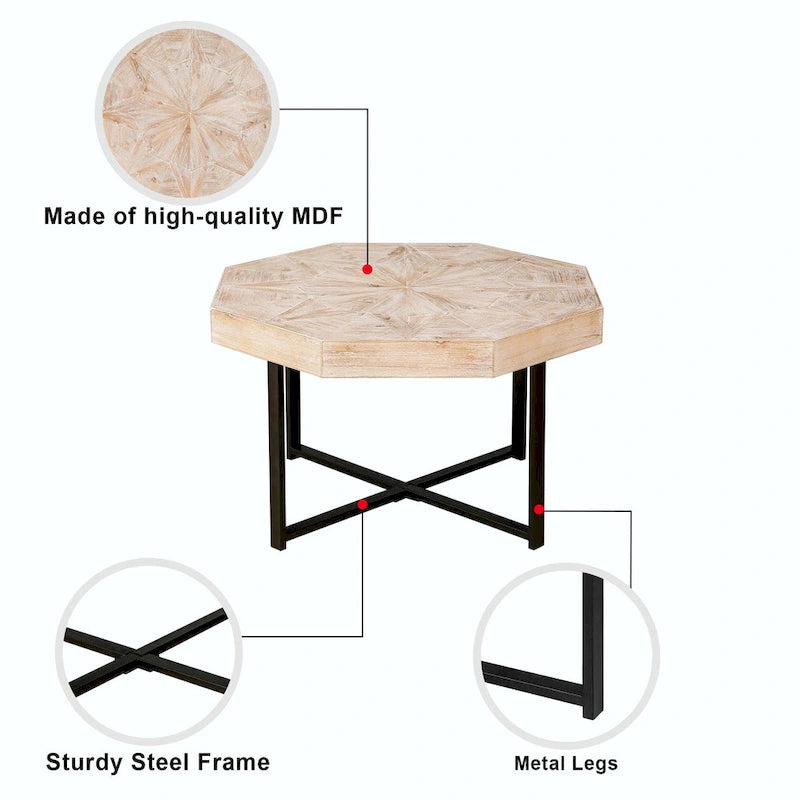 Table basse octogonale vintage en bois avec patchwork, 76 cm