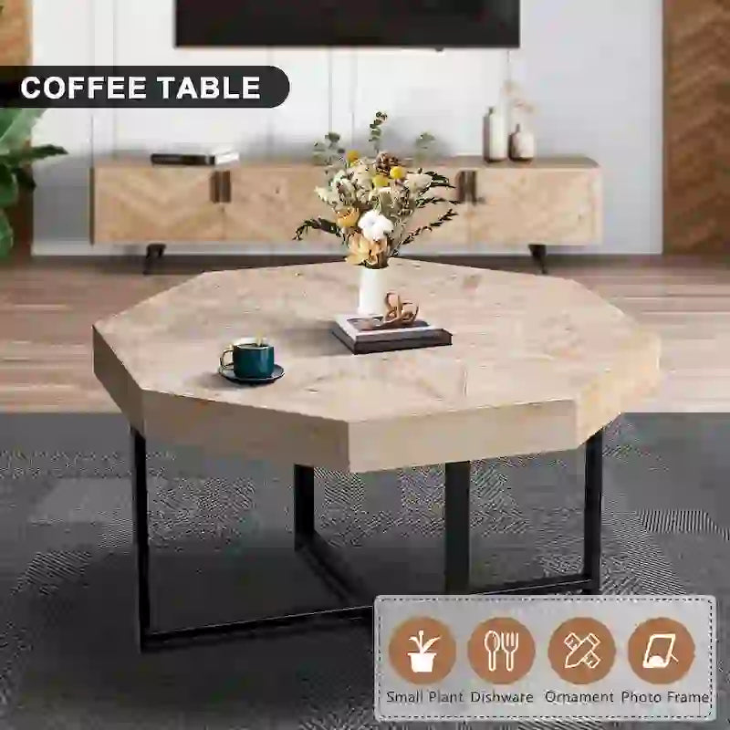 Table basse octogonale vintage en bois avec patchwork, 76 cm
