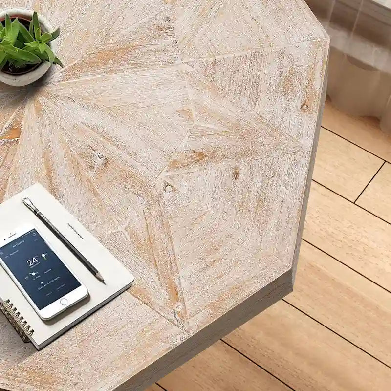 Table basse octogonale vintage en bois avec patchwork, 76 cm