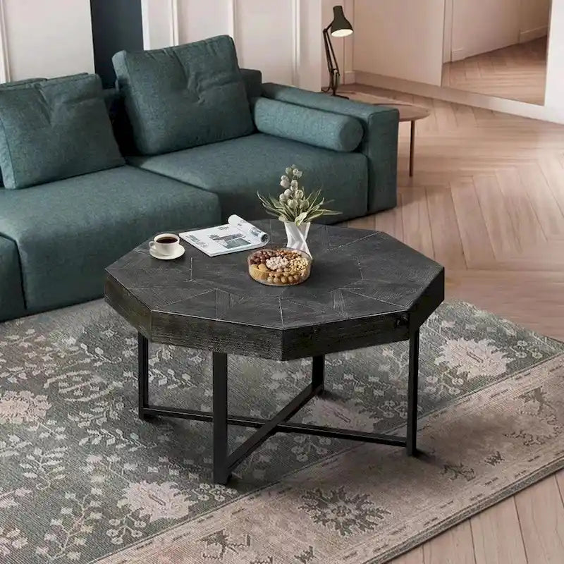 Table basse octogonale vintage en bois avec patchwork, 76 cm
