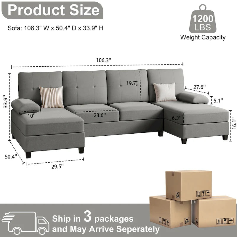 Canapé d'angle en U 4 places en tissu respirant – Capacité de 400 kg