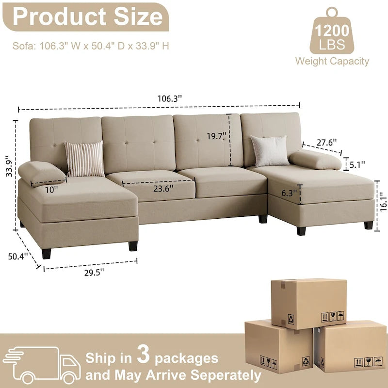 Canapé d'angle en U 4 places en tissu respirant – Capacité de 400 kg